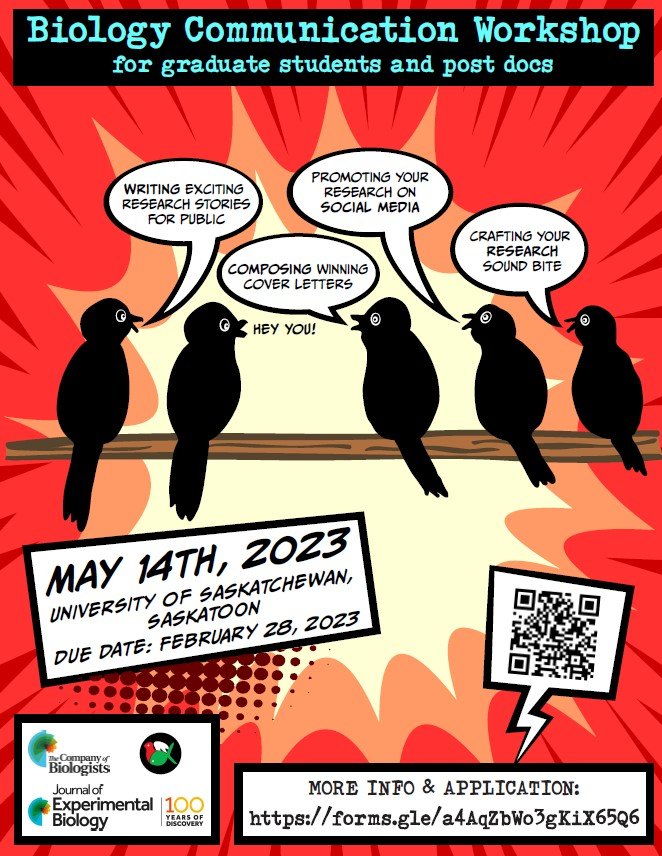 Thinking of going to <a href="/csz_scz/">CSZ-SCZ</a> Saskatoon? Consider coming a day early to participate in our workshop. Open to graduate students and PDFs.

Application deadline Feb 28th. 

forms.gle/a4AqZbWo3gKiX6…

#scicomm #zoology #sciencewriting 
<a href="/J_Exp_Biol/">Journal of Experimental Biology</a> <a href="/SEBiology/">SEB @sebiology.bsky.social</a>
