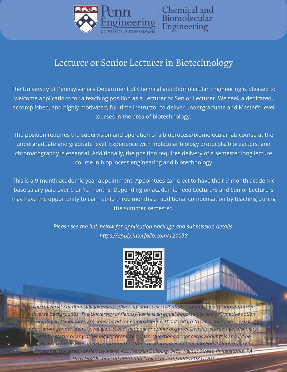 Pls RT: CBE@Penn is hiring a Lecturer/Sr. Lecturer in Energy &amp; Sustainability, and Biotech. If you're looking for an exciting opportunity to develop new programs in these areas, visit us here: tinyurl.com/3ye7t4bu  tinyurl.com/3dnr3wex #Sustainability
