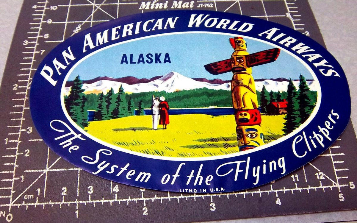 WayUpInAlaska's tweet photo. Oh now this is a nifty item! 1950's Pan Am Alaska Luggage Sticker. Colorful sticker to mark the travels to Alaska. Listed in our eBay store: https://t.co/8RoKI7uLYB
#backintheday #airlines #collectible #sticker #luggagesticker #ItemOfTheDay #ebayseller #WayUpInAlaska https://t.co/OD1fj7tzVK