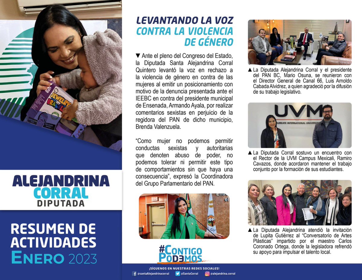 SantaCorral's tweet photo. Buenas tardes, les comparto nuestro resumen de actividades del mes de enero, les deseo un excelente inicio de semana.
Seguimos #En Acción
#ContigoPodemos
#DiputadaAlejandrina
#TercerDistrito #AccionesQueHablan @PAN_BajaCal https://t.co/3UaAiqMwOS