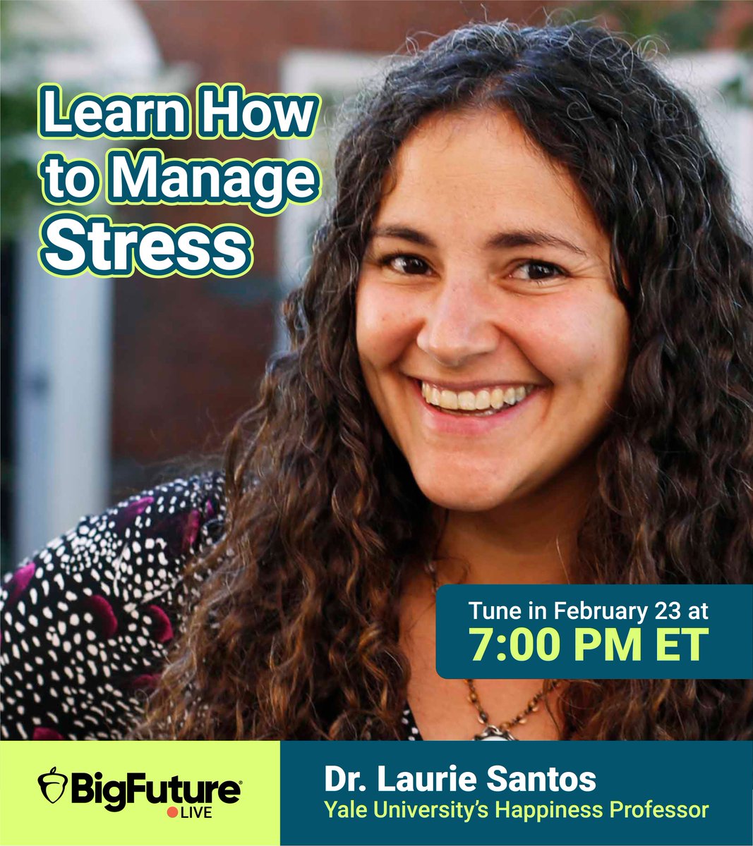 CollegeBoard's tweet image. NEW DATE: Yale University's happiness professor is joining us for this upcoming #BigFuture Live event on February 23 at 7PM ET.

☺️ Register now: spr.ly/60103m2zK

*If you registered for the previous date, you are already confirmed*