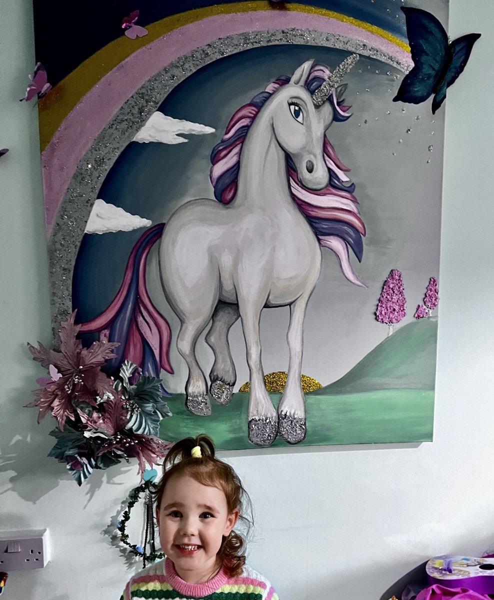 decorella_uk's tweet photo. What a lovely start to the week! Dollie and Effie’s Butterfly’s and unicorn mural canvas complete and right at home. What a joy and a chance to use up some of the emulsion samples I have been hoarding over the years. Thank you so much for the lovely cards.🦄🌈🦋 https://t.co/CUJZRMCBag