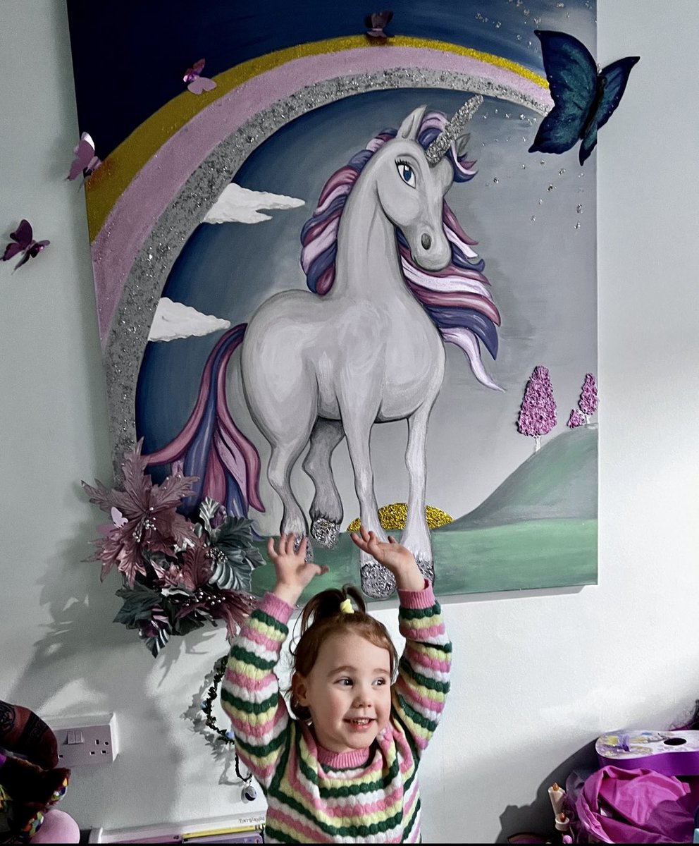 decorella_uk's tweet photo. What a lovely start to the week! Dollie and Effie’s Butterfly’s and unicorn mural canvas complete and right at home. What a joy and a chance to use up some of the emulsion samples I have been hoarding over the years. Thank you so much for the lovely cards.🦄🌈🦋 https://t.co/CUJZRMCBag