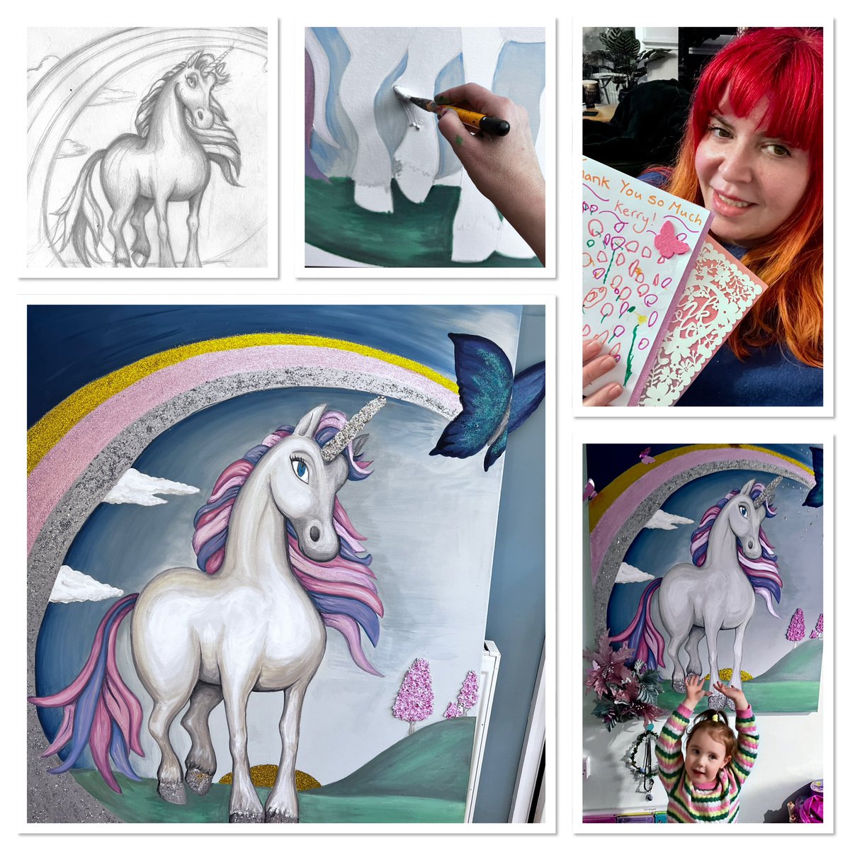 decorella_uk's tweet photo. What a lovely start to the week! Dollie and Effie’s Butterfly’s and unicorn mural canvas complete and right at home. What a joy and a chance to use up some of the emulsion samples I have been hoarding over the years. Thank you so much for the lovely cards.🦄🌈🦋 https://t.co/CUJZRMCBag