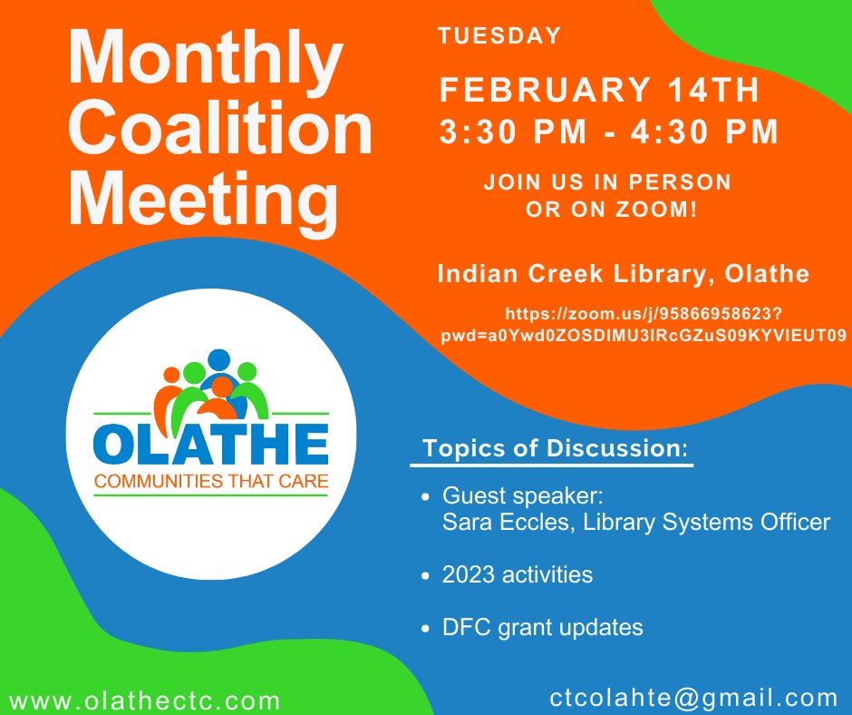 Monthly coalition meeting on February 14th, from 3:30 pm - 4:30 pm. Join us in person at the Indian Creek Library or on Zoom!

ow.ly/r1h850MRbf2