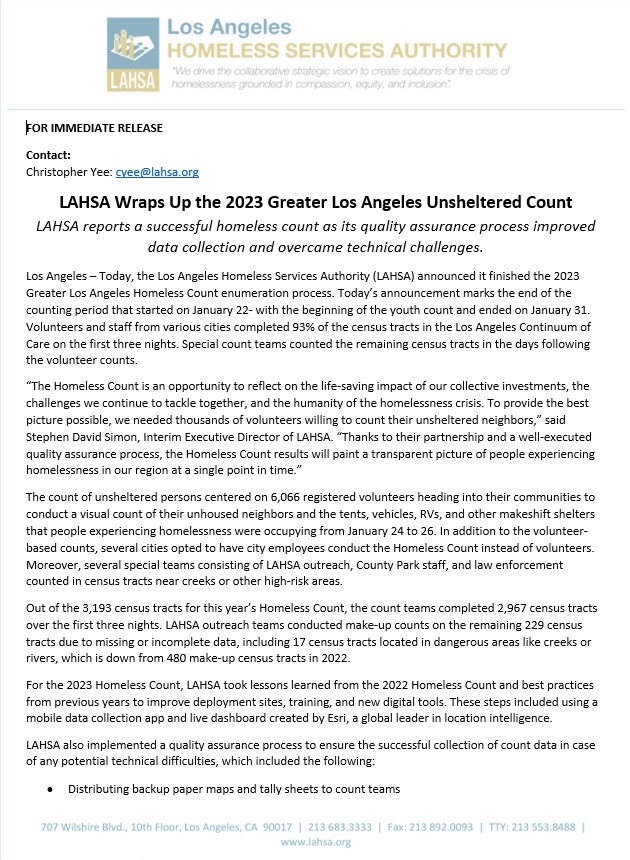 We finished counting for the 2023 Homeless Count. Over the three nights, our data collection app successfully captured 95.6% of the census tract data captured by count teams and used the backup maps and tally sheets to capture the rest.