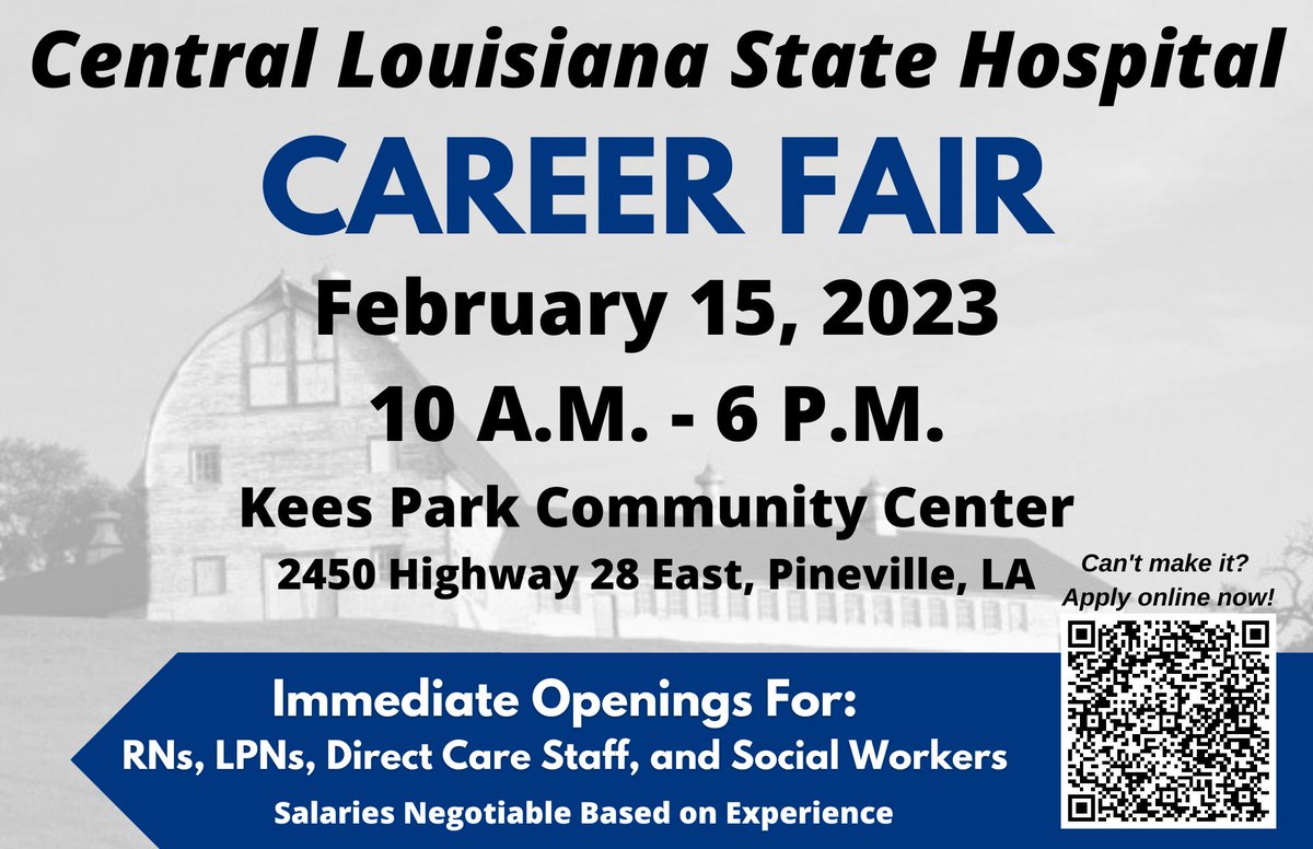 LouisianaWorks's tweet photo. Upcoming: Don't miss the Central Louisiana State Hospital's career fair! Come by the Kees Park Community Center and apply for various positions in the healthcare industry.

#LouisianaWorks #LAWorks https://t.co/cWjVirUBOn
