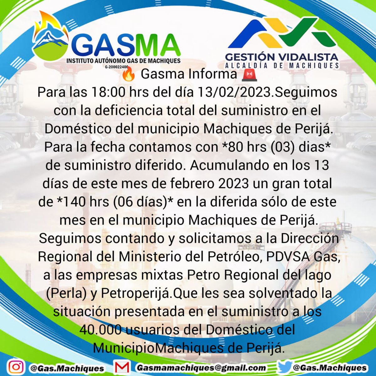 somosnoticiacol's tweet photo. Municipio #machiques de #perija hacen un llamado a @pdvsa_gas a restituir el servicio de gas ya que sus habitantes tienen 80 horas sin el servicio sin tener repuesta alguna #zulia https://t.co/CD8IQkAOrd