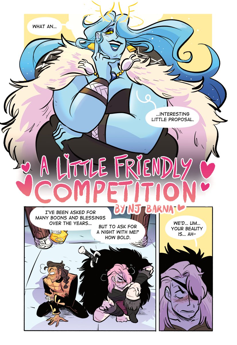 droolfang's tweet photo. realized I can post "A LITTLE FRIENDLY COMPETITION" the erotic comic i made for @discordcomics Nectar Anthology!!  In which, traveling companions Eira (she/her) and Catch (they/them) both seek to bed a goddess.
🍑⚔️💦
Contains: Adult Stuff, Fingering, Cum, Feelings
1/4 https://t.co/3PJ0TfEB2X