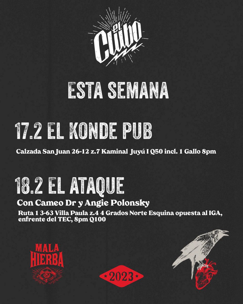 elClubo's tweet photo. Esta semana: viernes en El Konde Pub y sábado en El Ataque! #malahierba #sokeclubo https://t.co/2unLy4Ett8