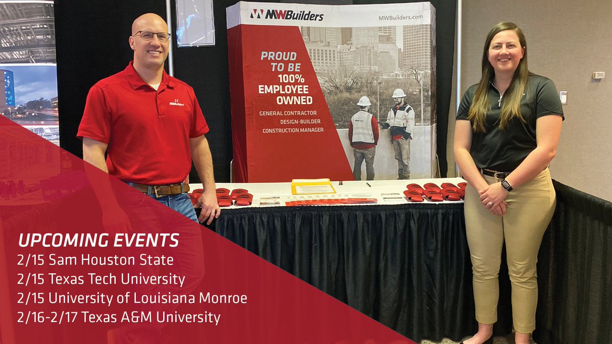 MW Builders (@mwbuilders) on Twitter photo Our team is looking forward to a great week of career fairs. Come visit us and learn about what it means to be an employee owner!
<a href="/ULM_Official/">University of Louisiana Monroe</a>
<a href="/SamHoustonState/">Sam Houston State</a>
<a href="/TexasTech/">Texas Tech University</a>
<a href="/TAMU/">Texas A&M University</a>
#Recruiting #CareerFair #Construction Our team is looking forward to a great week of career fairs. Come visit us and learn about what it means to be an employee owner!
<a href="/ULM_Official/">University of Louisiana Monroe</a>
<a href="/SamHoustonState/">Sam Houston State</a>
<a href="/TexasTech/">Texas Tech University</a>
<a href="/TAMU/">Texas A&M University</a>
#Recruiting #CareerFair #Construction