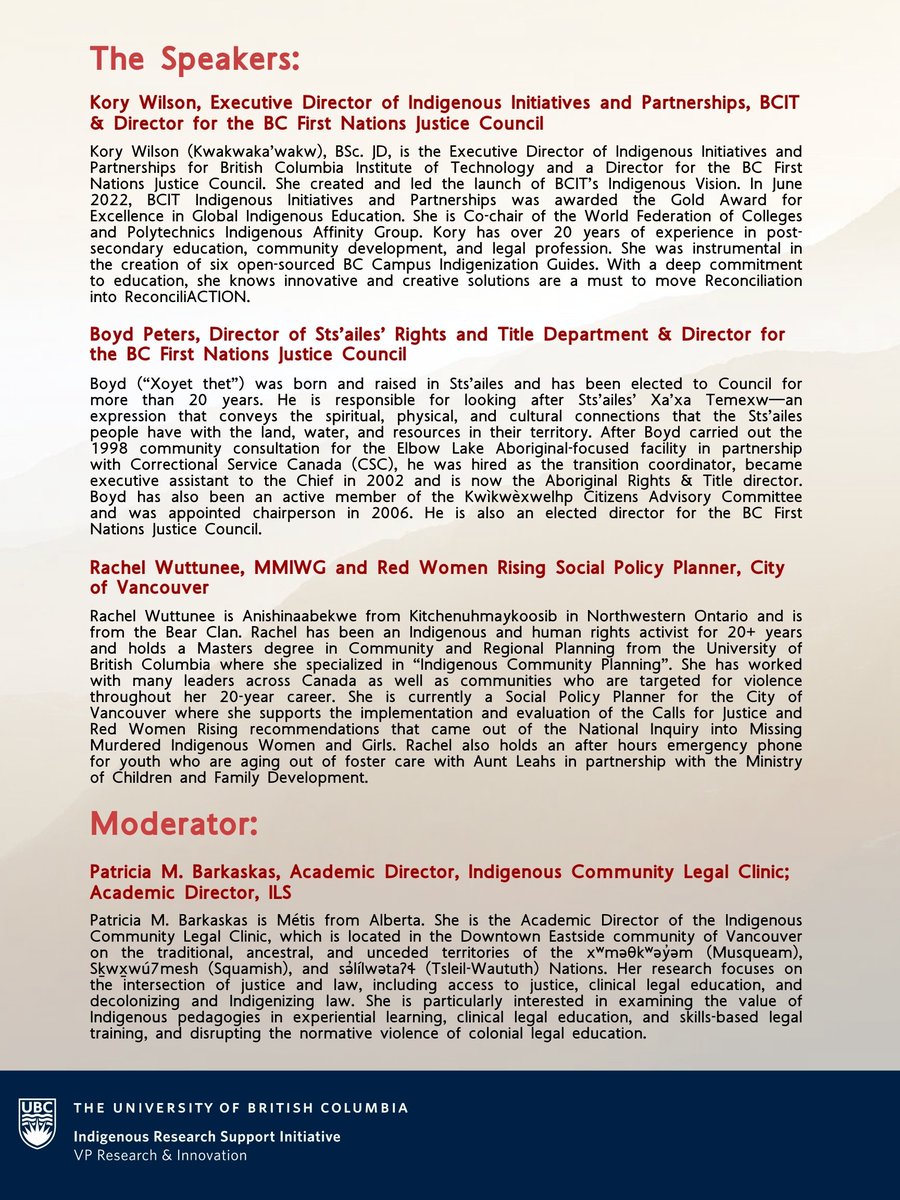 UBC IRSI presents a speaker event aiming to create a space of shared learning and dialogue on the pervasive systemic discrimination within the justice system for Indigenous peoples across Canada. Wed, March 15th, 5:30-7:30 pm. Registration link: bit.ly/ubcirsi2023