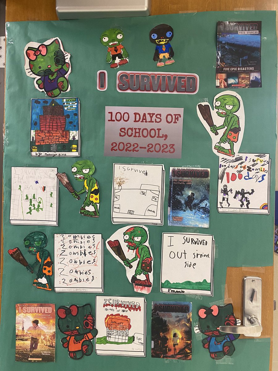 haleymae33's tweet photo. When you ask your 5th graders to decorate your door for the 100th day of school, this is what you get. I mean, they’re not wrong, and at least it’s based off a great historical fiction series! #100thdayofschool #teachertwitter #GanandaProud https://t.co/RtSY5YN0YL