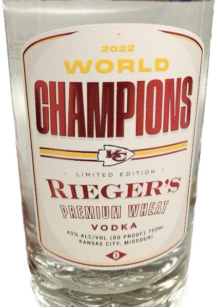 Available Tuesday Feb 14th @JRiegerCo Chiefs World Champions Vodka … available after the delivery truck arrives at the Gladstone and Parkville locations #buylocal #shoplocal