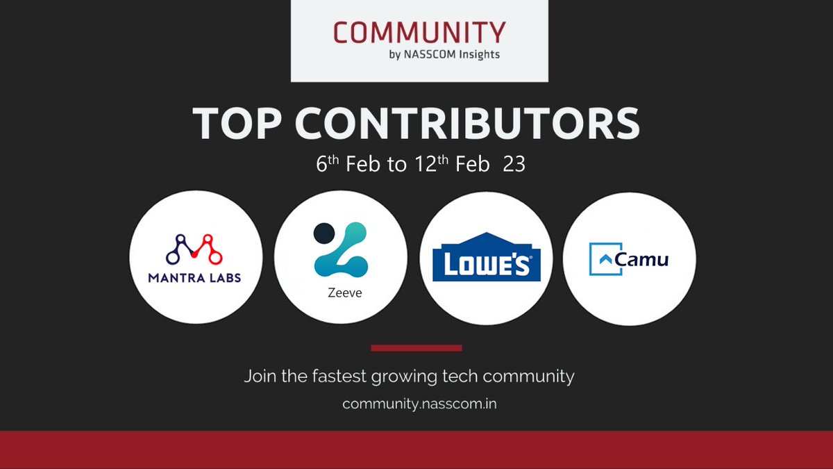 NASSCOM Community top contributors of the week @mantra_labs @0xZeeve @Lowes @CamuDigital Do you have something to share with the #techcommunity? Join👉community.nasscom.in & start engaging #techcommunity #DigitalTransformation #tech #AI #ArtificialInteligence #ML #VR