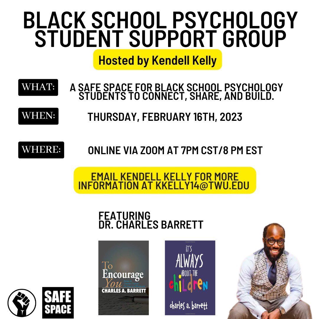 TheBlackSPs's tweet photo. #BSPNFamily, Kendell Kelly is hosting a student support group! The next meeting is Thursday, 02/16 via zoom at 7 pm CST/8 pm EST. You do not want to miss this session because Dr. Charles Barrett will be a featured guest! For more information, send an email to KKelly14@twu.edu! https://t.co/0fYVtrsFxj