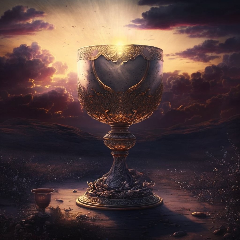 'The Holy Grail' by Richard Henry Stoddard.
 
Prompt: #AiPoetry #Midjourney 
And the grail, a vision of the skies, A symbol of the Lord's eternal love, The holy cup, with splendor that defies, That shone like heaven above. -