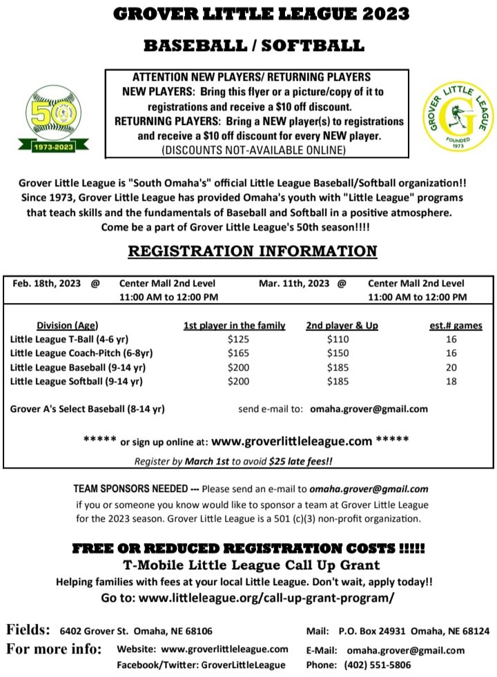 Don't miss it!

Grover Little League in-person registration is this Saturday February 18th from 11am-12pm at The Center Mall on 42nd and Center St on the 2nd floor-West doors. 

Or register online:
groverlittleleague.com

Register by March 1st to avoid $25 late fees.