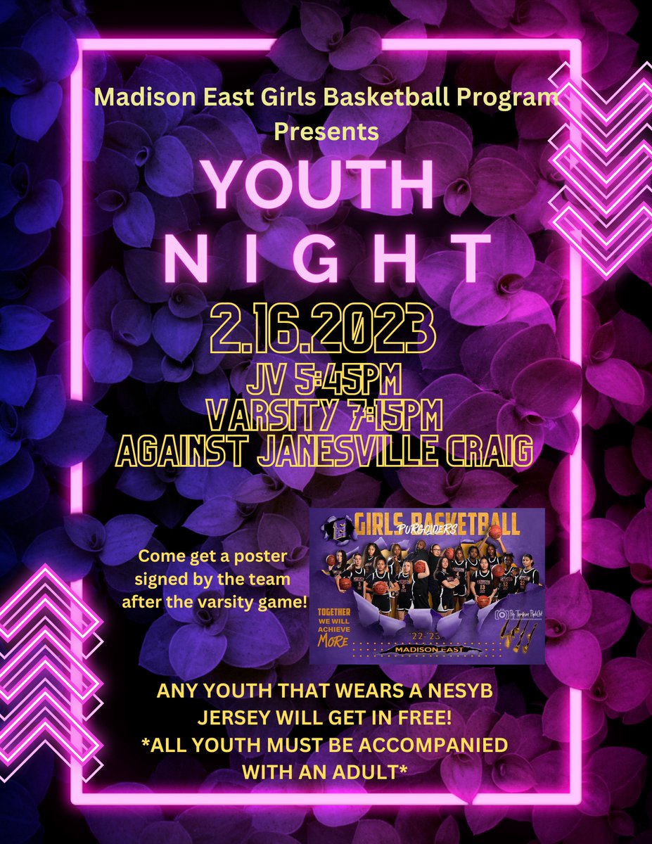 Attn #NESYBfam! This Thursday, February 16, is YOUTH NIGHT @ the <a href="/EastsideGBB/">Eastside Girl's Basketball</a> home 🏠 game vs Janesville Craig. ALL NESYB YOUTH girls &amp; boys will be admitted free if they wear their jersey! 
Coaches will also be admitted free. 

Let's show up to support the PURGOLDERS!! 💜💛