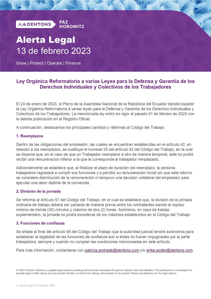 Conoce los principales cambios y reformas al Código del Trabajo en nuestra última #AlertaLegal a continuación. 

Para asesoría y más información contactarse con: 
- patricia.andrade@dentons.com
- erika.wolter@dentons.com