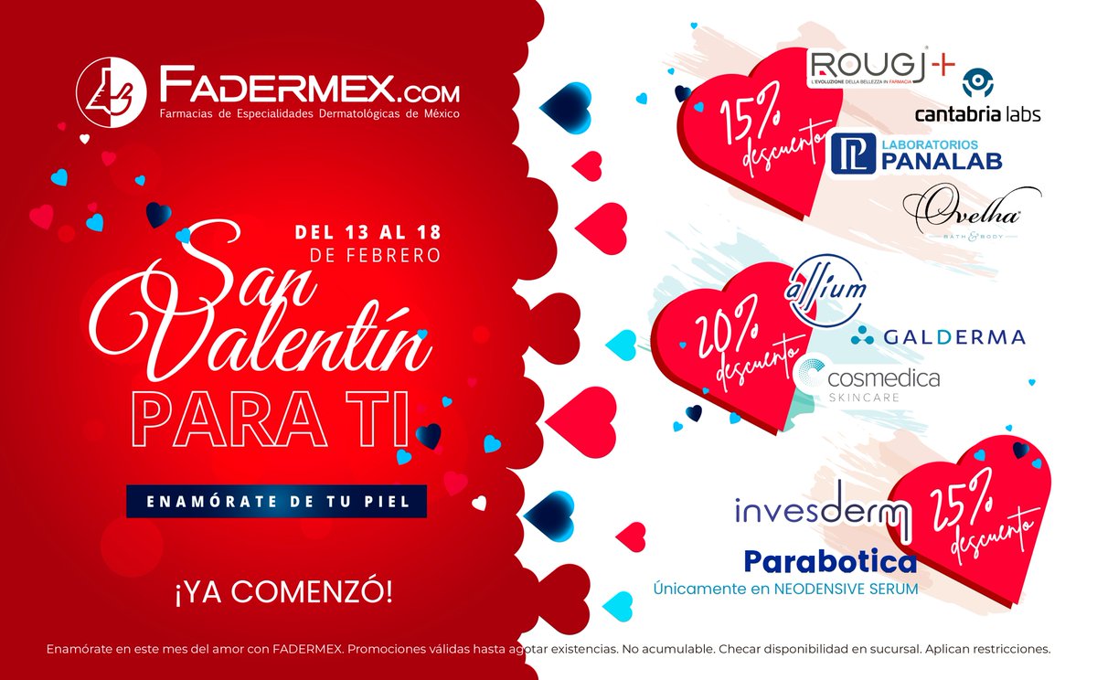 Fadermex's tweet photo. #ElMesdelAmor está en #Fadermex. Con super descuentos en marcas como @Rougjmexico @Cantabria @PanalabMexico  @ovelha @Allium @GALDERMA @Cosmedicamexico @invesderm @ParaboticaM .mx Del 13 al 18 de febrero. ¡Ven a nuestras sucursales y #Enamoratedetupiel https://t.co/MP8CoHBwYz