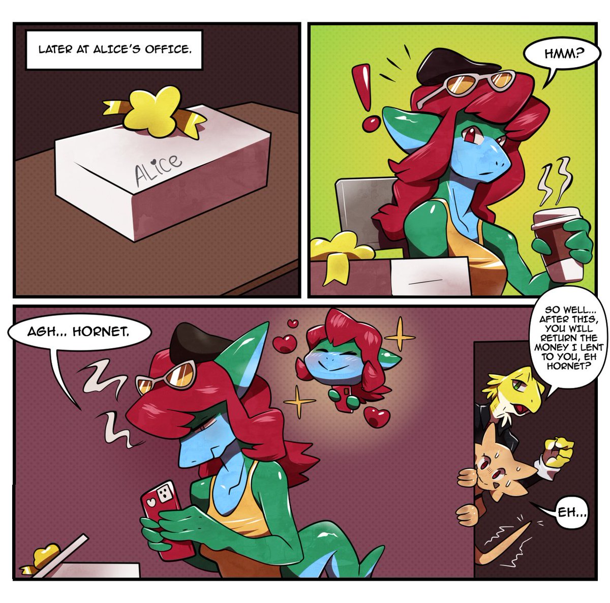 lagartimations's tweet photo. How odd, Alice birthday is also a day after Valentine's Day, better make her a surprise.😋

Support us on patreon ;)
https://t.co/r6a4x30BDv

#LagartimationsStudios #Hornet #Kobolds #ValentinesDay2023 #comic https://t.co/10Z8oFGMmt