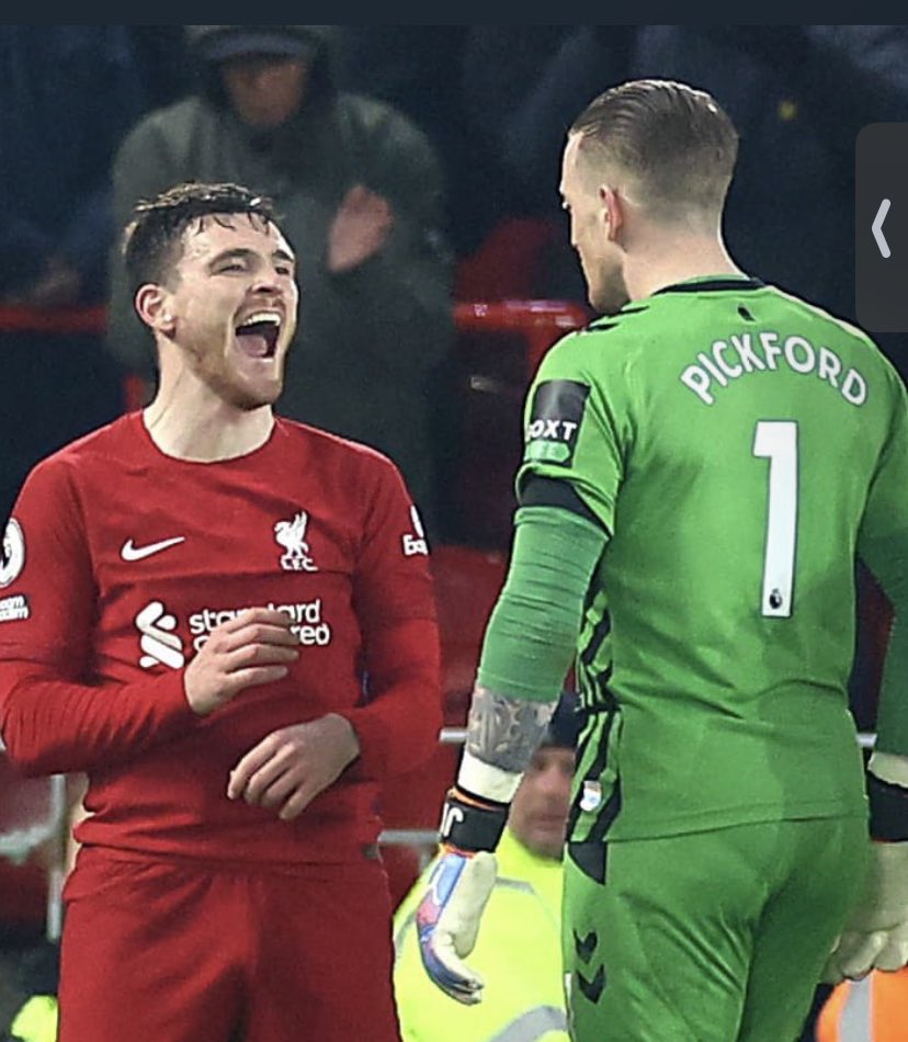RobbieCoo76's tweet photo. Hahaha @andrewrobertso5 laughing into Pickford’s face was probably the best thing that happened tonight other than us beating the bitter bloos 2-0 & Gakpo getting his 1st goal in a red shirt. #LIVEVE #MerseysideIsRed #LFC https://t.co/rtiMjbrdod