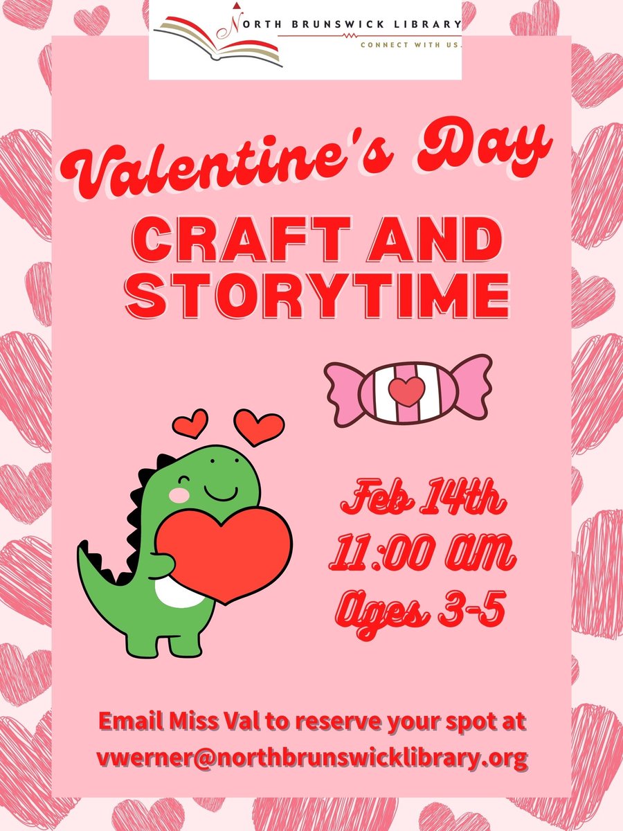 This morning at 11AM, ages 3-5 are invited to the library for a special #ValentinesDay Craft & Storytime! Email Miss Val at vwerner@northbrunswicklibrary.org to reserve your spot.