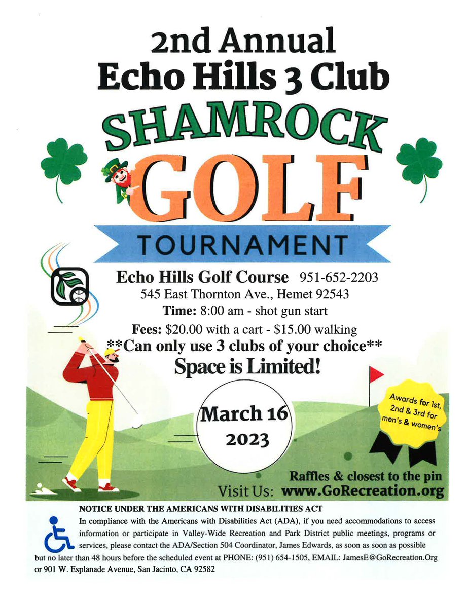 valleywiderec's tweet image. Fore! Or should it be Three? Registration is open for the Echo Hills 3-Club Shamrock Golf Tournament on March 16. Call 951-652-2203 to sign up. #IAmValleyWide