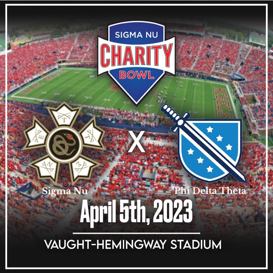 On April 5th, 2023, Sigma Nu will take on Phi Delta Fraternity in the Vaught for the 32nd Annual Charity Bowl! Visit the link in our bio to see how you can support Charity Bowl and our three recipients!