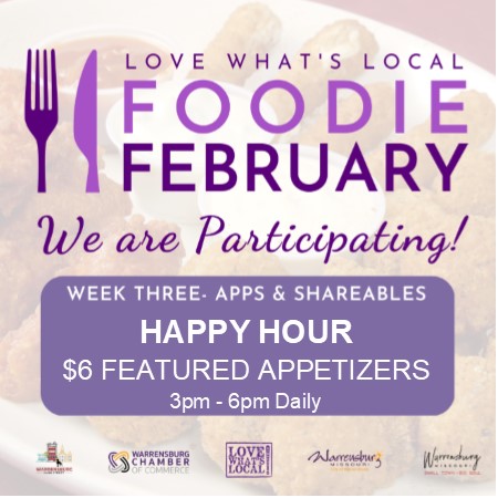DiningUCM's tweet image. This is week three of FOODIE February!! This week consists of HAPPY HOUR $6 Appetizers. Take advantage of this offer. From 3pm - 6pm Daily!
 #weekthree #foodiefebruary