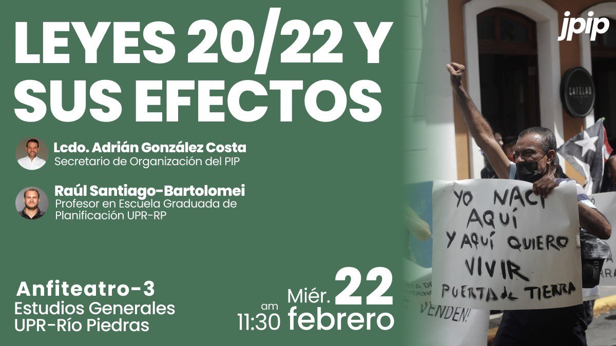 JuventudPIP's tweet photo. Las Leyes 20 y 22 han facilitado el desplazamiento de comunidades enteras alrededor de todo el archipiélago. 

El próximo miércoles, 22 de febrero a las 11:30am tendremos a 
@AGONZALEZCOSTA y @rs_bartolomei en un foro sobre las leyes y sus efectos. ¡Esperamos verles allí! https://t.co/2l9VSqvmF9