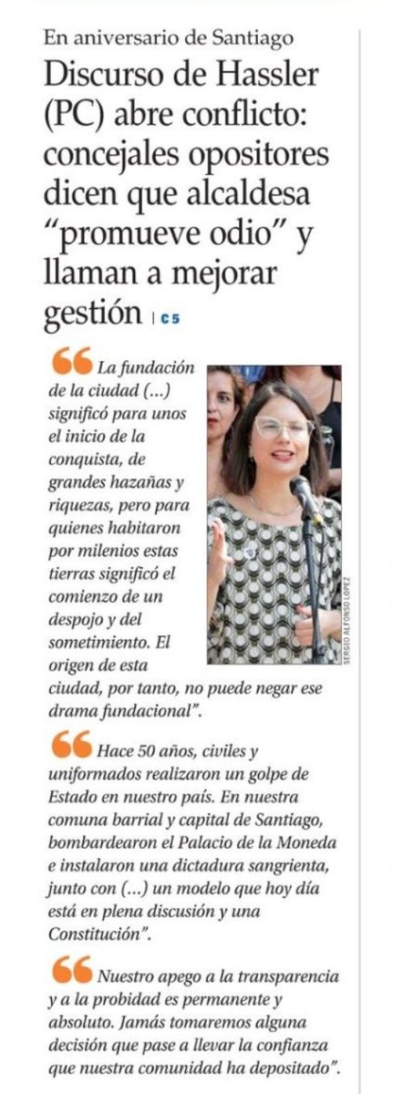 Extracto del discurso de ODIO que dió @IraciHassler por el aniversario de #santiagochile fuera de contexto 100000% la peor alcaldesa en 400 años de Santiago !!!!