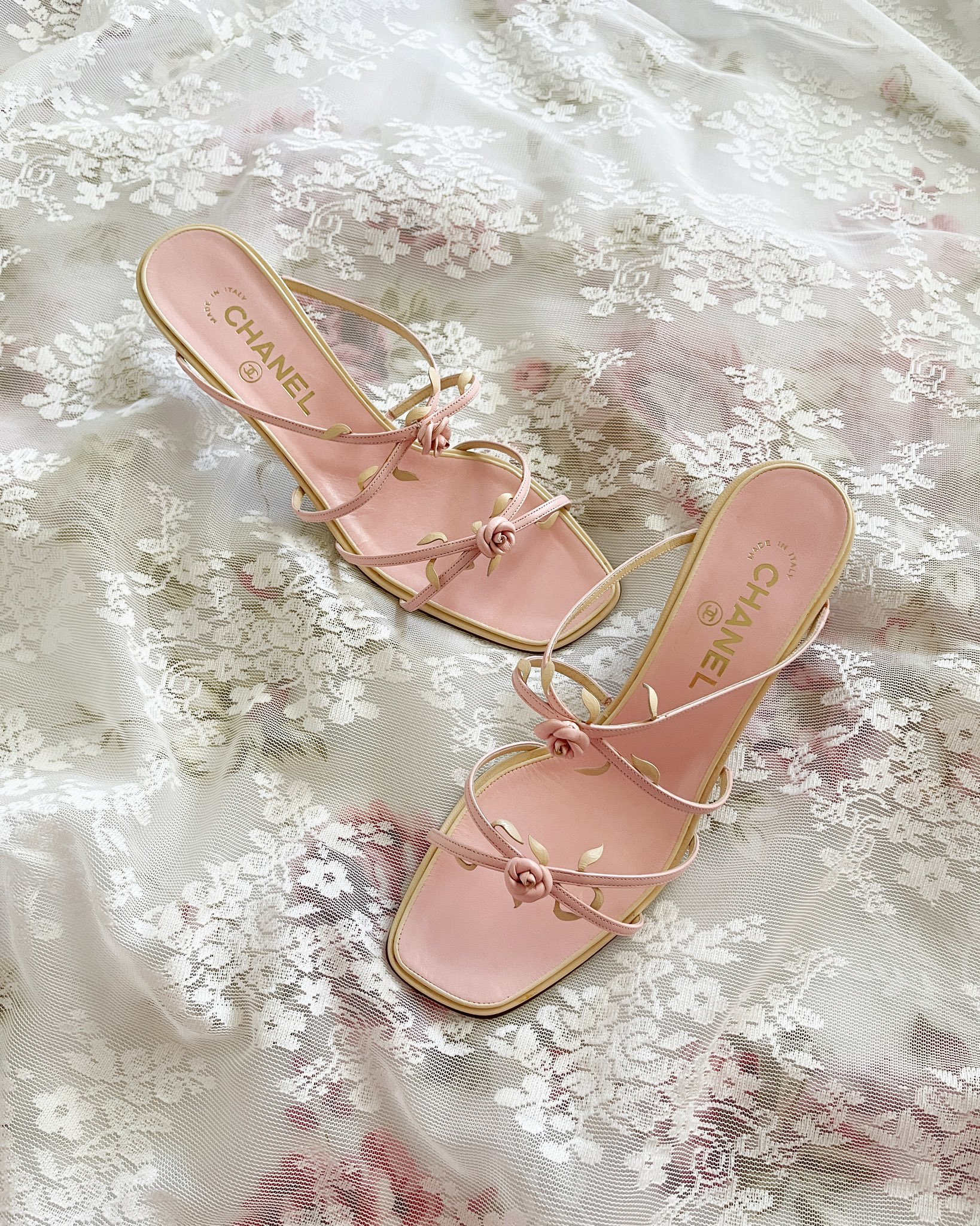 Chanel Iconic Pink Rosebud Sandal Heels (US 7 / IT 37) — sororité.