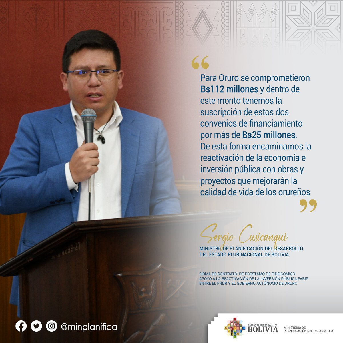 minplanifica's tweet photo. 1/2 #FNDR | El Ministro de Desarrollo, Sergio Cusicanqui, destacó que el #FARIP permite a los gobiernos subnacionales dinamizar sus economías con la reactivación de obras públicas que generan fuentes de empleo y coadyuvan en el crecimiento del país. https://t.co/aj3GhQ20dR