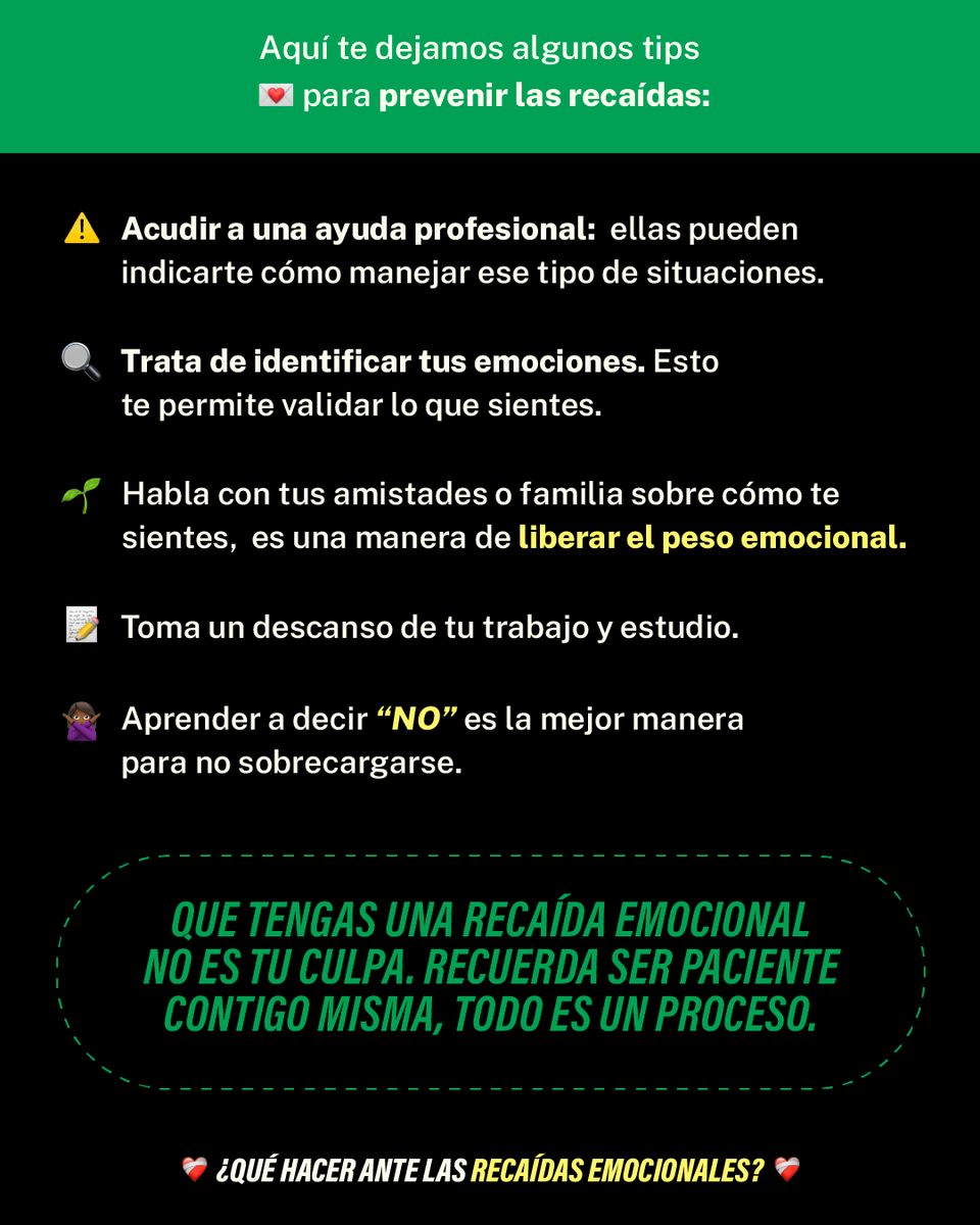 No todos los días podemos estar al 💯😮‍💨y las recaídas emocionales pueden ocurrir en cualquier momento 🥀. 

En esta #GuíadeAutocuido la psicóloga Anette Roma comparte tips para prevenir recaídas ✨. 

Recuerda que #SanarEsPolítico 🌼rudagt.org/temas/guiadeau…