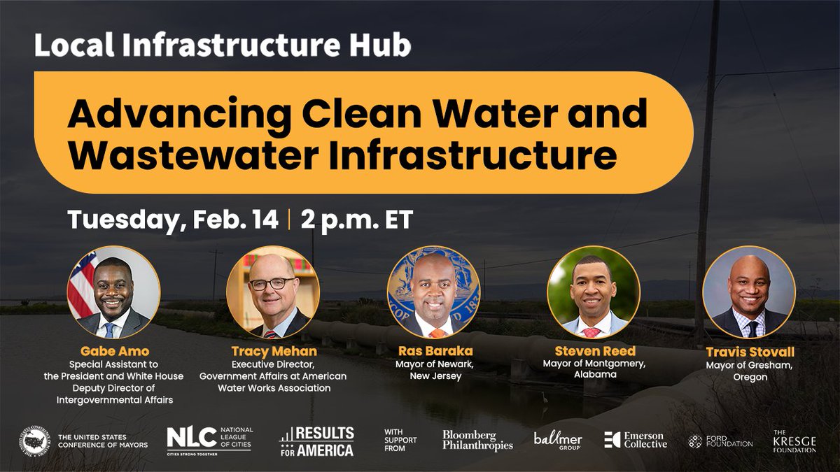 Join us tomorrow alongside <a href="/GabeAmo46/">Gabe Amo Archived</a>, <a href="/MayorofMgm/">Mayor Steven L. Reed</a>, <a href="/GreshamMayor/">Mayor Travis Stovall</a>, <a href="/rasjbaraka/">Ras J. Baraka</a> and <a href="/awwa/">American Water Works Association</a>'s <a href="/TracyMehan1/">Tracy Mehan</a> to discuss how cities can leverage Bipartisan Infrastructure Law funding to improve our nation’s drinking water and wastewater infrastructure: mayo.rs/3HXzD95