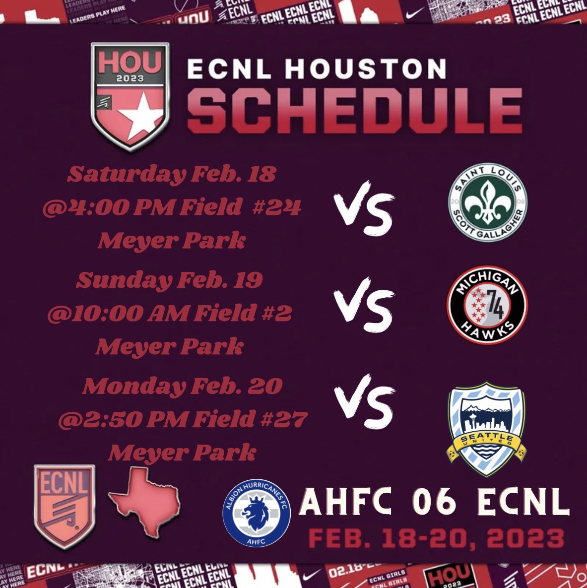 Only a few more days until the @ECNLgirls Houston Showcase. We can’t wait! Check out our updated schedule!! 👀 🚀💙⚽️🤠 #ahfcsoccer #ahfcpride #ahfcfamily