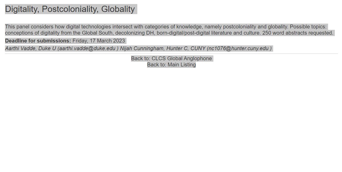 AarthiVadde's tweet image. MLA CFP Alert: The Forum on Global Anglophone Literature seeks papers for a panel on "Digitality, Postcoloniality, Globality" (deadline Mar. 17). Details below!  mla.confex.com/mla/2024/webpr…