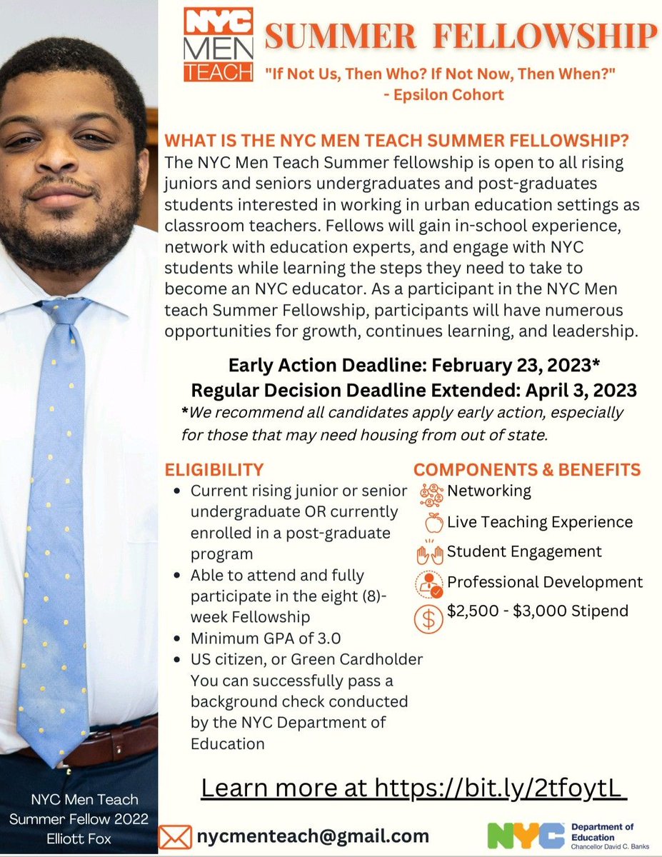 The NYC Men Teach Summer Fellowship 2023 application is open! The NYC Men Teach Summer Fellowship is open to all rising junior and senior undergraduates and post-graduate students interested in working in urban education settings as classroom teachers.