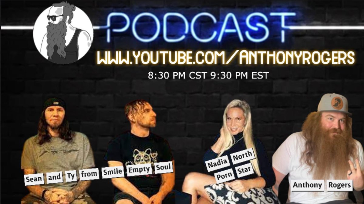 Tuesday LIVE @ youtube.com/AnthonyRogers 
Sean Danielsen and Ty Del Rose from Smile Empty Soul, porn star Nadia North, and Anthony Rogers.
<a href="/SeanDanielsen/">Sean Danielsen</a> <a href="/tydelrosedrums/">Ty Del Rose</a> <a href="/_smileemptysoul/">SMILE EMPTY SOUL</a> <a href="/NadiaXXXNorth/">Nadia North</a> @MrAnthonyRogers