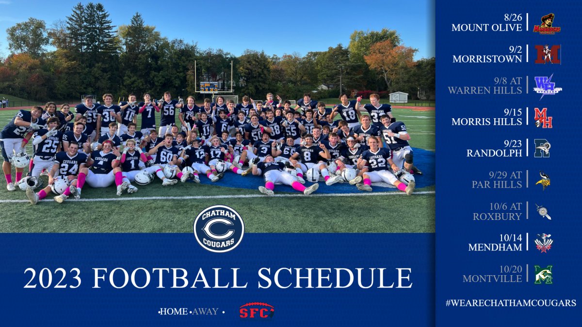 ChathamCougars's tweet photo. Chatham Football is ready to defend their Confernce Title in 2023.  Cougar Nation be prepared for another run by Coach Pic and the boys. @ChathamsTAP @Athletics_CHS @ChathamCourier1 @ChathamHS @dailyrecordspts @ChathamCougars @SFCFootballNJ https://t.co/ObhEvCVPhQ