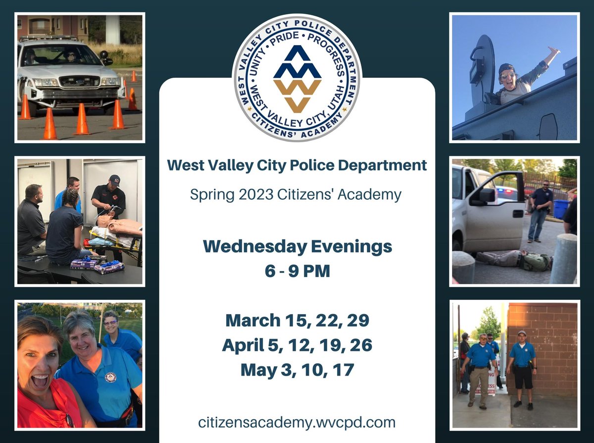 Spring Citizens Academy is coming up! If you’ve ever wanted to understand the inner workings of a police department, this is for you. 
The academy is held Wednesday evenings March-May. Visit the link to apply.
Citizensacademy.wvcpd.com