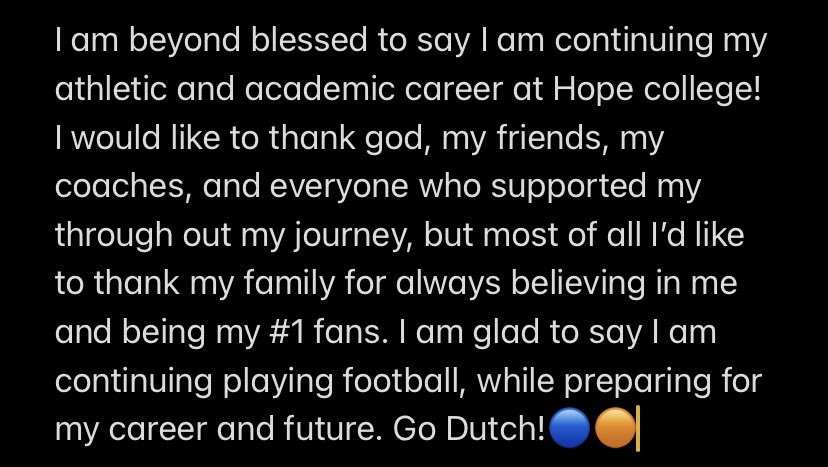 I am excited to announce my commitment to Hope college!🔵🟠 <a href="/PStuursm/">Peter Stuursma</a> <a href="/Coach_HThompson/">Hunter Thompson</a> <a href="/HopeCollegeFB/">Hope College Football</a> <a href="/jacobpardonnet/">Jacob Pardonnet</a>