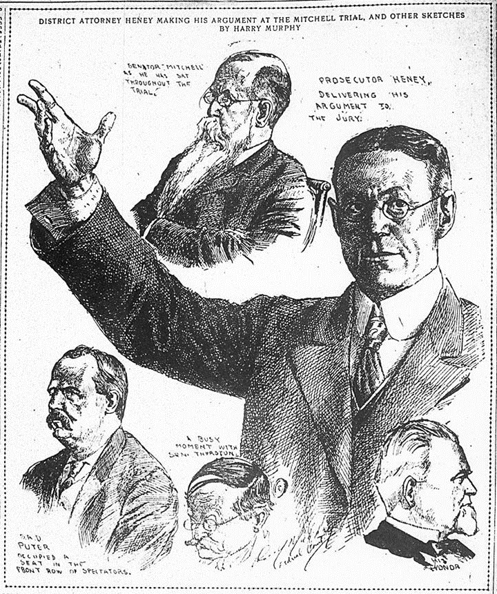 BigRedCivPro's tweet photo. By 1905, however, his misdeeds had caught up with him and he was tried on corruption charges while a Senator.  He was convicted.  (In this drawing, Mitchell is the guy with the long beard and little spectacles) https://t.co/NIs1ffMbGW