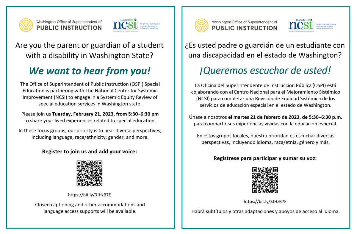 📣 Parents of students with disabilities in WA state,  join <a href="/waOSPI_CTE/">CTE - Washington</a> Special Ed for an online Community Forum on Tues, Feb 21, 5:30–6:30 pm PT.

<a href="/WestEd/">WestEd</a> National Center for Systemic Improvement (NCSI) will hold focus groups to learn more about your lived experiences.