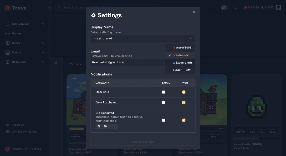 You can now choose your display name on <a href="/TroveByTreasure/">Trove</a>, If you claim a treasure tag it will be changed to that by default but you can change it to your .smol by doing this: Profile > Settings > Display Name > astro.smol