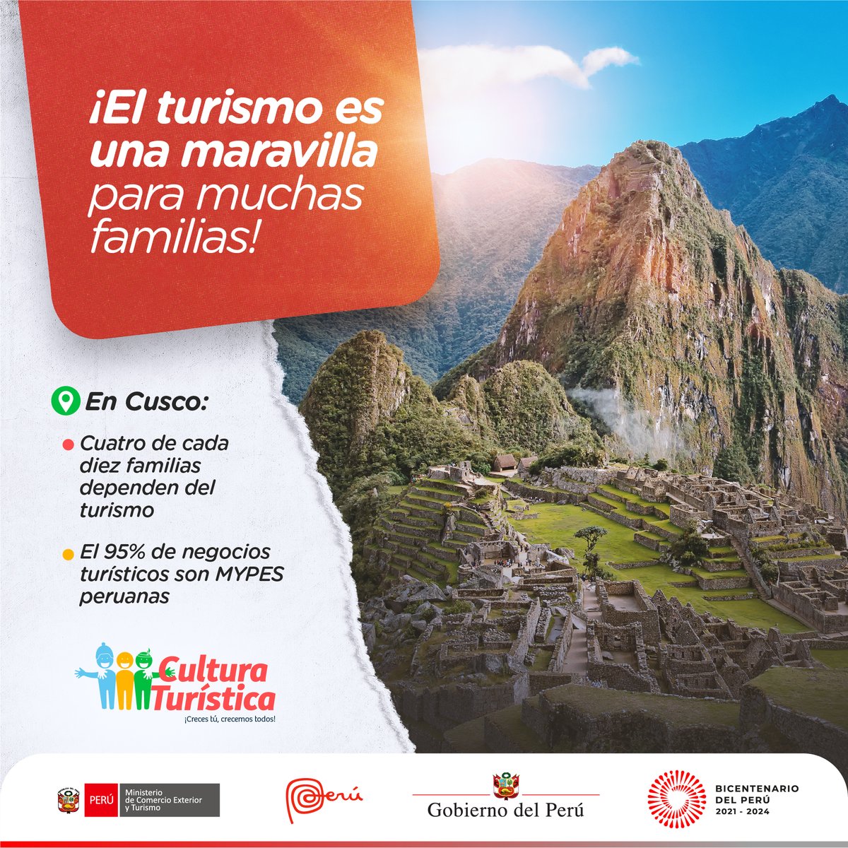 MINCETUR's tweet photo. Para muchas familias, el turismo ✈️ es una herramienta de trabajo 💪, un motor de desarrollo y el sustento que necesitan para vivir. 🗻🇵🇪
#TUVIAJEDACHAMBA 
#CULTURATURISTICA https://t.co/6ubPVt6PsN