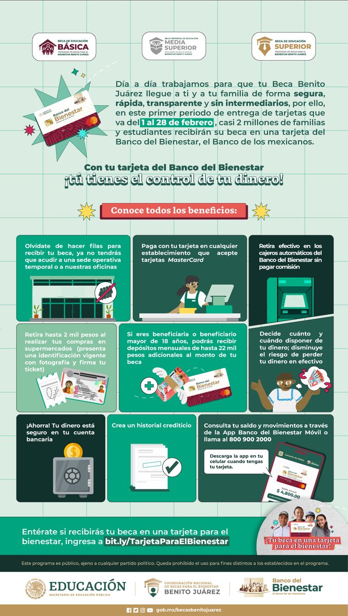 BecasBenito's tweet photo. En este primer periodo, casi 2 millones de familias y estudiantes recibirán una tarjeta del @bbienestarmx para cobrar sus #BecasBenitoJuárez. 💳

¡Conoce TODOS los beneficios! 🤩

Entérate si recibirás una #TarjetaParaElBienestar, entra a: https://t.co/YUwoiZd6My https://t.co/3UkpTbyqSp