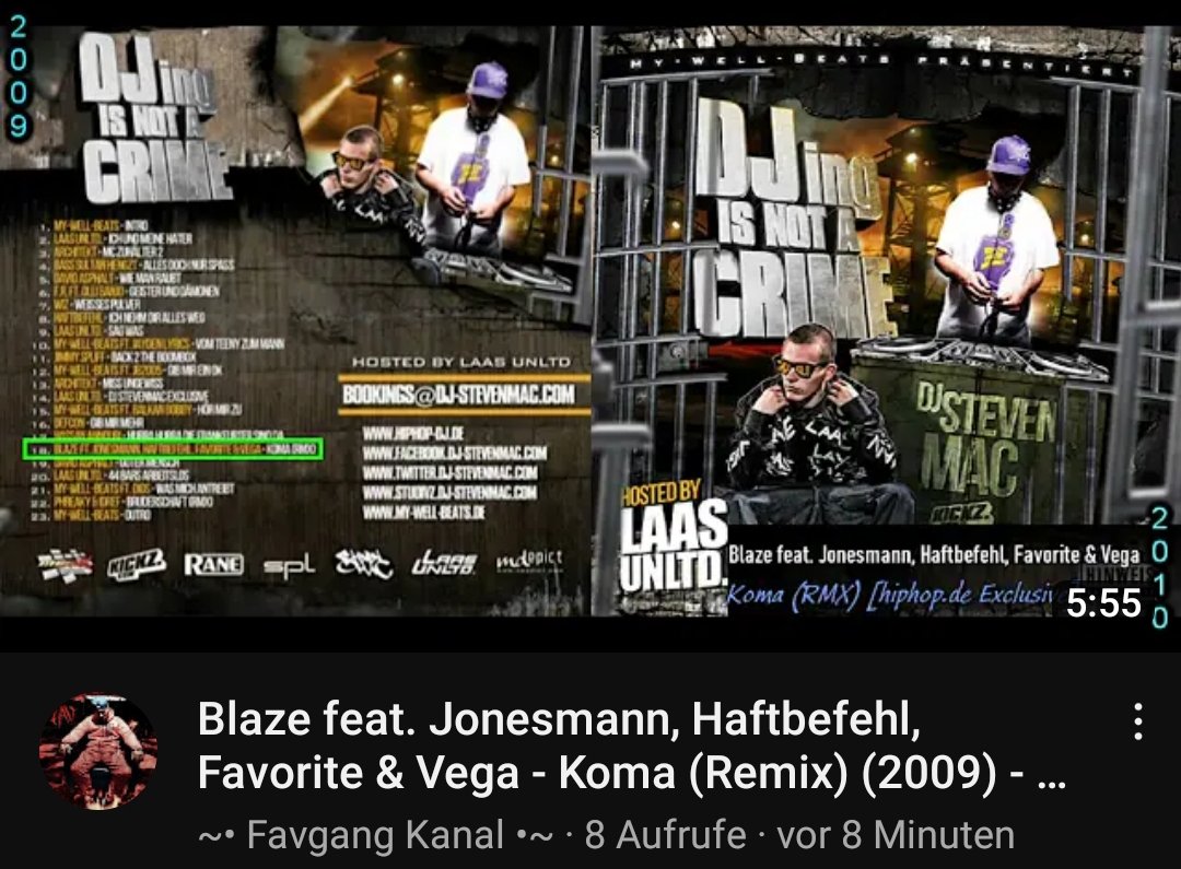 Dieser Remix wurde am 30.10.2009, als kostenloser download, exklusiv auf hiphop.de veröffentlicht. Am 27.10.2010 wurde er, auf dem 𝗗𝗝𝗶𝗻𝗴 𝗜𝘀 𝗡𝗼𝘁 𝗔 𝗖𝗿𝗶𝗺𝗲 Mixtape von 𝘿𝙅 𝙎𝙩𝙚𝙫𝙚𝙣𝙈𝙖𝙘, ein zweites mal released.
youtu.be/FfJZPtGD41g